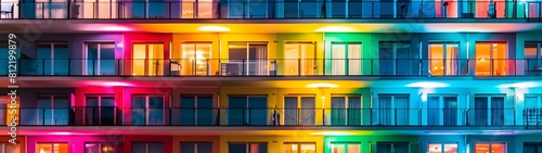 Colorful modern building facade with vibrant illuminated balconies © Loki Studio