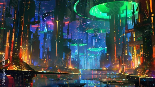 Futuristic cityscape with neon glow perfect for sci-fi event designs