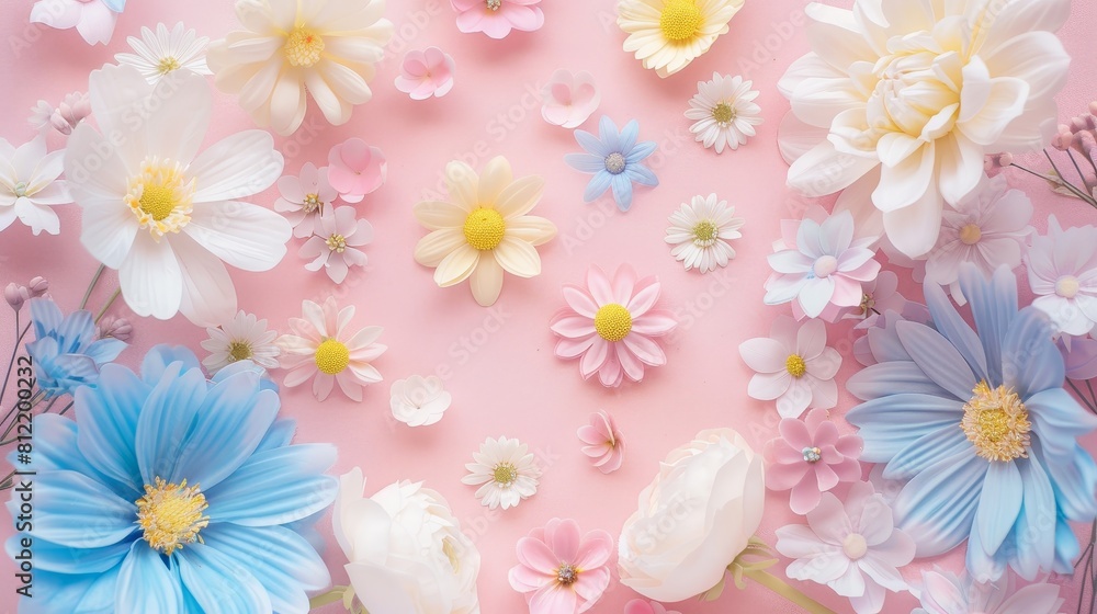 A colorful bouquet of flowers with a light blue background