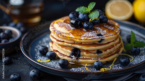 Blueberry lemon ricotta pancakes with lemon zest, closeup of Fresh food serving