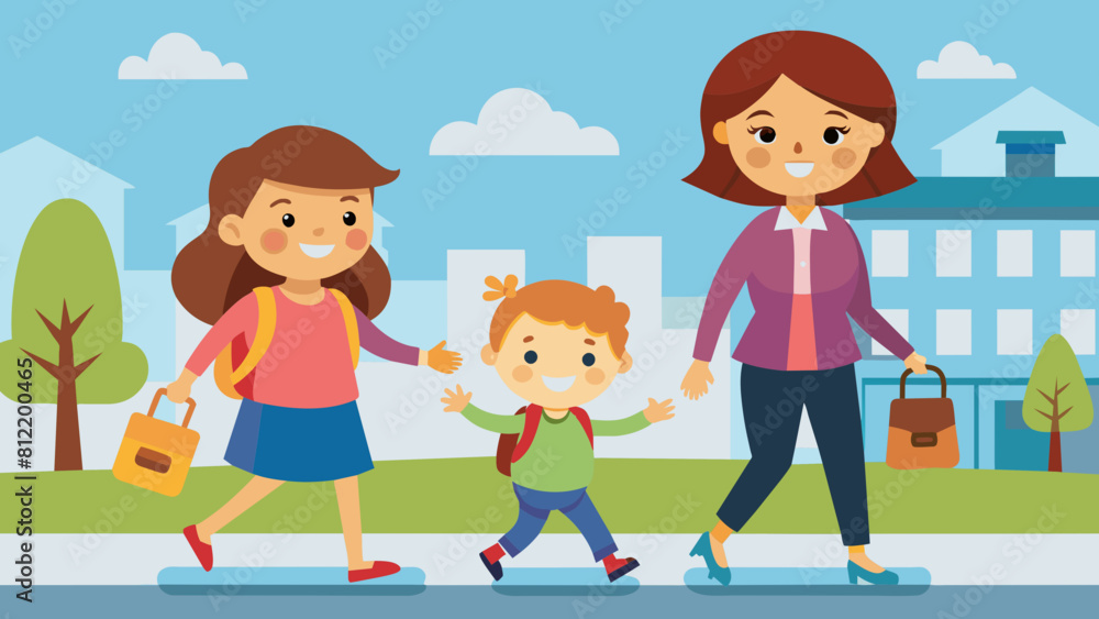 happy children going to school with their mother cartoon vector illustration happy children going to school with their mother cartoon vector illustration