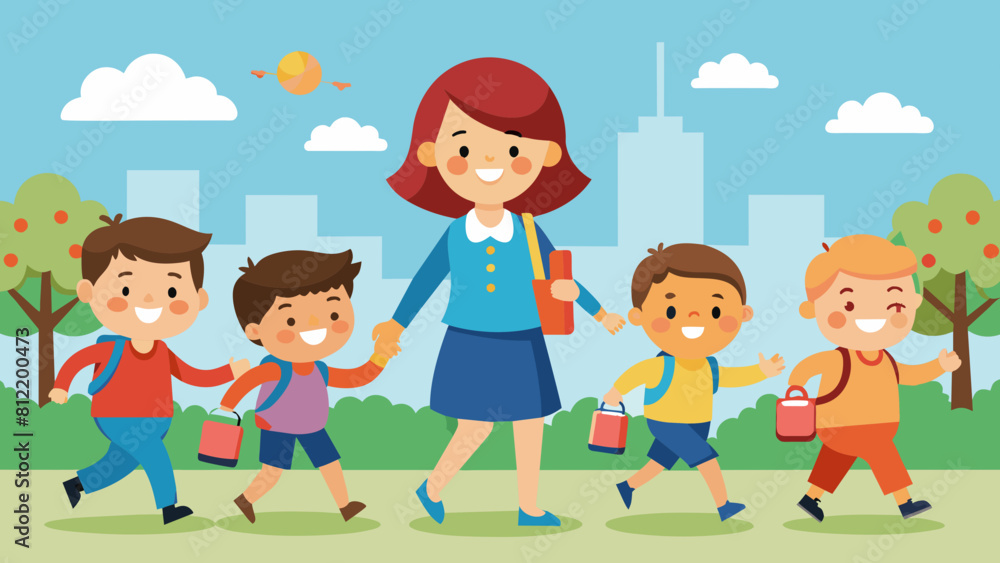 happy children going to school with their mother cartoon vector illustration happy children going to school with their mother cartoon vector illustration