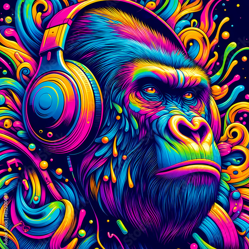 Digital art vibrant colorful cool gorilla wearing headphones vibin to music