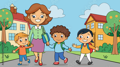 happy children going to school with their mother cartoon vector illustration