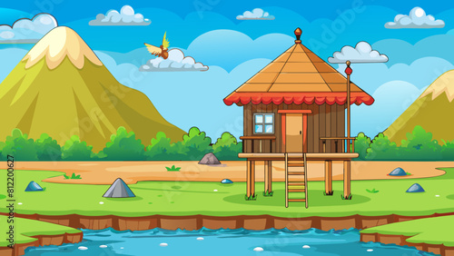 hut on stilt near lake game cartoon vector illustration