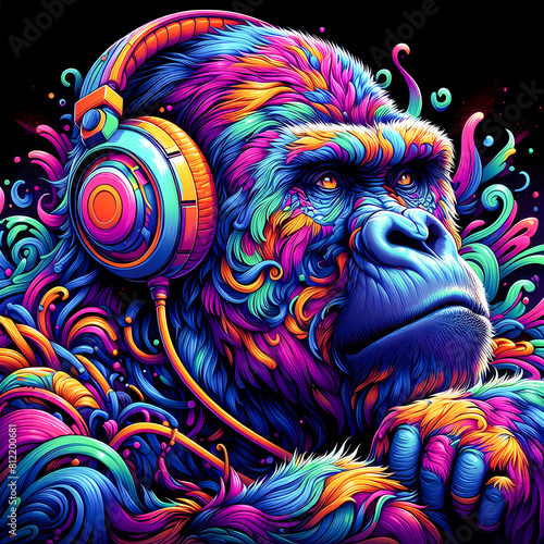 Digital art vibrant colorful cool gorilla wearing headphones vibin to music