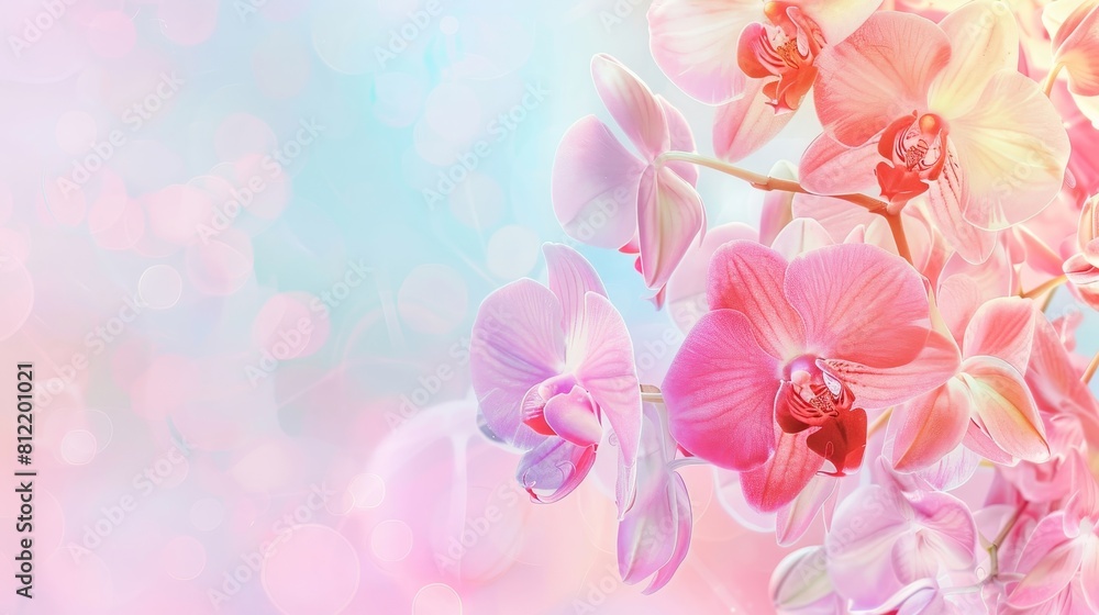 A pink and white orchid with a blue background