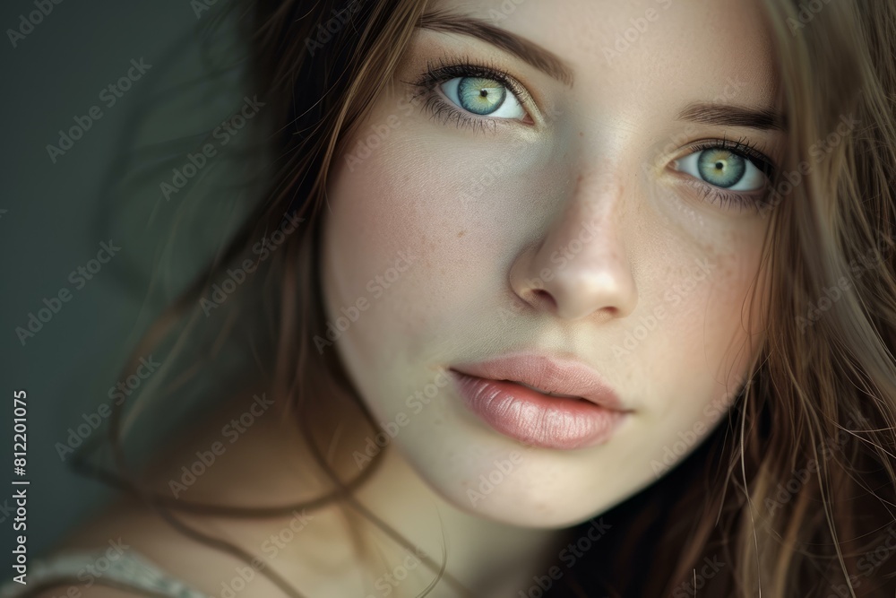 Close-up of a young woman with captivating blue eyes and a gentle expression Close-up of a young woman with captivating blue eyes and a gentle expression