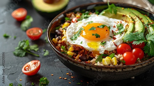 A closeup of Breakfast burrito bowls with scrambled eggs and avocado, Fresh food serving