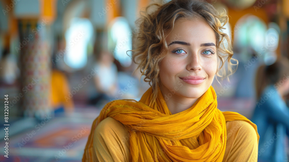 Portrait of beautiful young woman with curly hair wearing yellow scarf. Portrait of beautiful young woman with curly hair wearing yellow scarf.