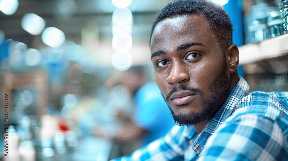 Portrait of young african american man looking at camera, working on the production line with a team Portrait of young african american man looking at camera, working on the production line with a team