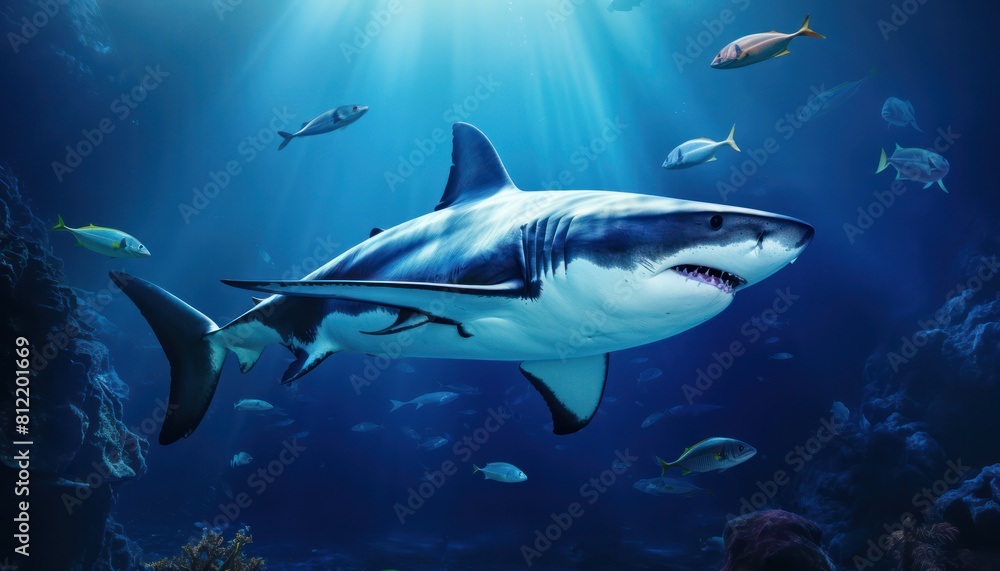 The great White Shark in the ocean, portrait of White shark hunting prey in the underwater The great White Shark in the ocean, portrait of White shark hunting prey in the underwater