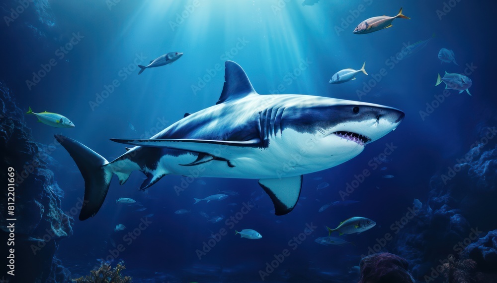 The great White Shark in the ocean, portrait of White shark hunting prey in the underwater