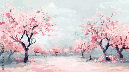 A beautiful pink and white landscape with cherry trees and a road