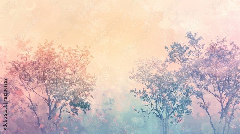 A painting of a forest with trees and flowers A painting of a forest with trees and flowers
