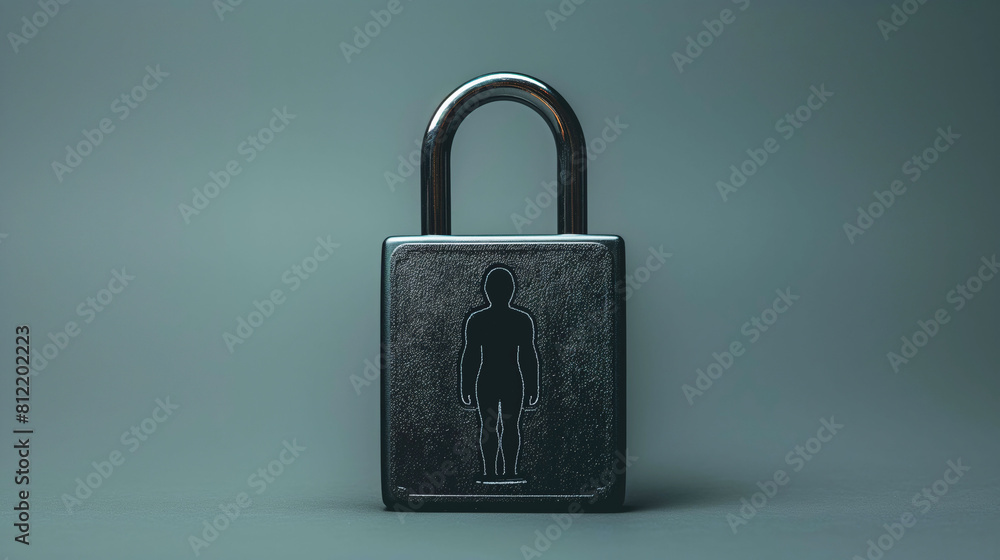 Naklejka premium Conceptual image of a lock with a human silhouette within, symbolizing privacy, security, or personal freedom.