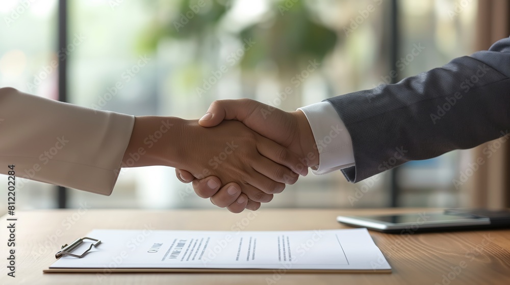 Two professionals shaking hands over a desk, signifying a formal business agreement or partnership. Two professionals shaking hands over a desk, signifying a formal business agreement or partnership.
