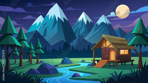 with forest village house cartoon vector illustration