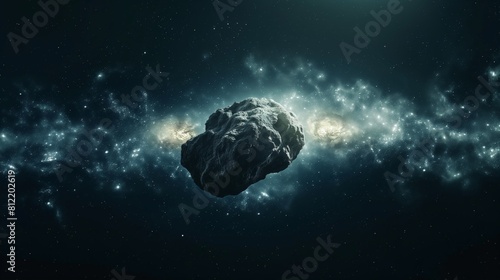 A lone asteroid drifting through space with a glowing nebula background, symbolizing isolation and the vastness of space.