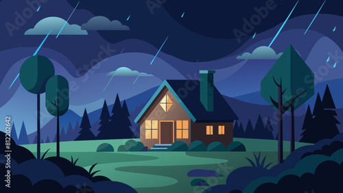 night rainy landscape with forest village house cartoon vector illustration