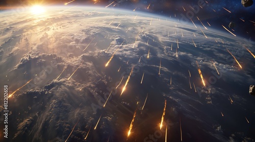 A dramatic depiction of meteor showers impacting Earth  viewed from space  highlighting a catastrophic event.