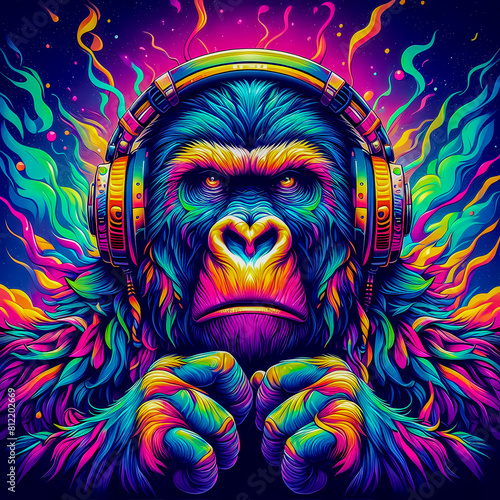 Digital art vibrant colorful cool gorilla wearing headphones vibin to music