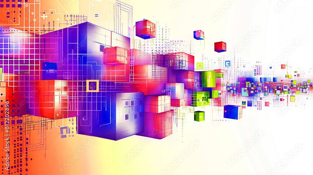 an abstract vibrant and geometric digital background, modern colorful aesthetic artwork, an array of floating, interconnected cubes and rectangular prisms in a dynamic composition an abstract vibrant and geometric digital background, modern colorful aesthetic artwork, an array of floating, interconnected cubes and rectangular prisms in a dynamic composition