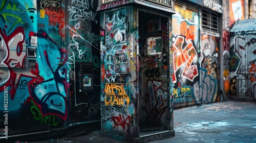 Graffiti-covered urban telephone booth expressing street art culture © Vilayat