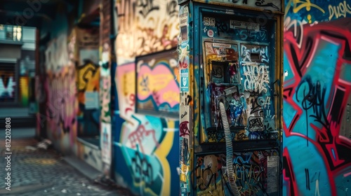 Graffiti-covered urban telephone booth expressing street art culture © Vilayat