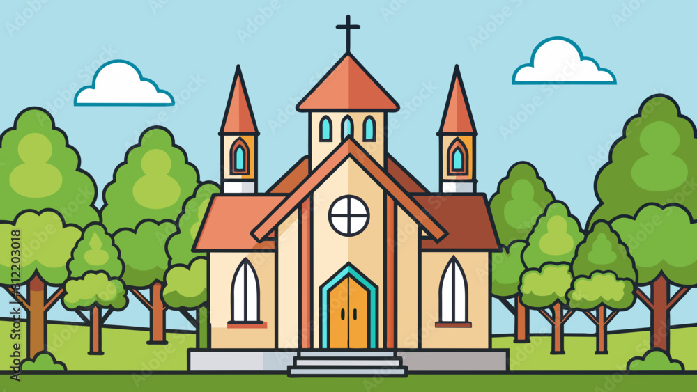 with church and green trees cartoon vector illustration