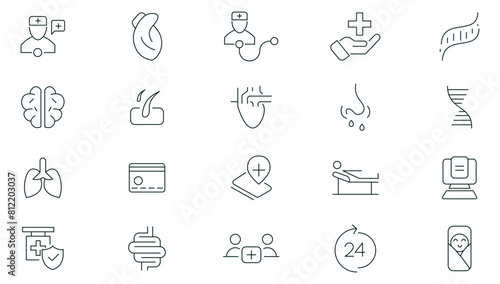 Medicals and Health Care line icons set. Healthcare, medical, medicine, check up, doctor, dentistry, pharmacy, lab, scientific discovery icons collection. Outline icon collection.