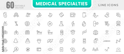 Medicals and Health Care line icons set. Healthcare, medical, medicine, check up, doctor, dentistry, pharmacy, lab, scientific discovery icons collection. Outline icon collection.