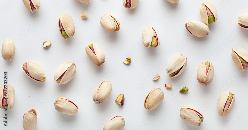 Pattern of pistachio nuts arranged and isolated on a white background banner Pattern of pistachio nuts arranged and isolated on a white background banner