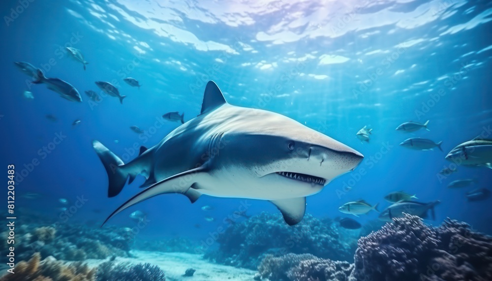 Fototapeta premium The great White Shark in the ocean, portrait of White shark hunting prey in the underwater