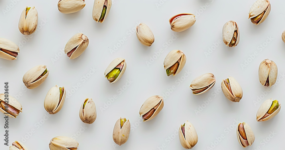 Pattern of pistachio nuts arranged and isolated on a white background banner Pattern of pistachio nuts arranged and isolated on a white background banner