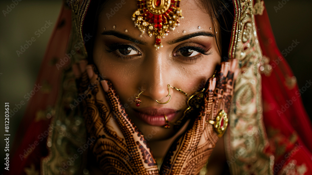  Mysterious Indian Bride Covering Face with Henna-Decorated Hands Against Dark Background