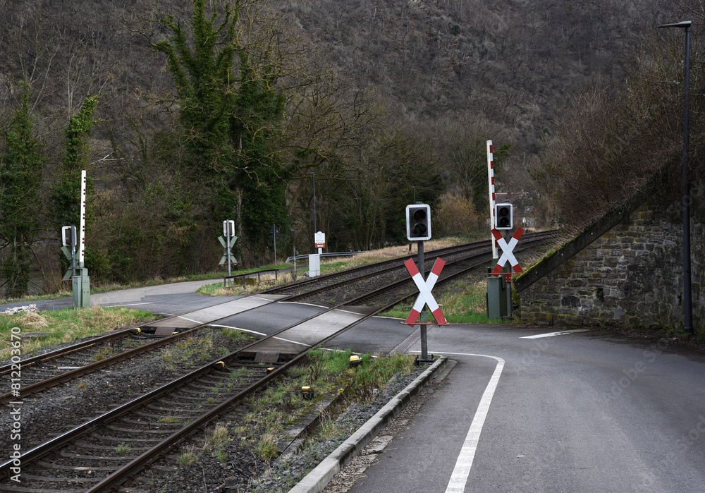 Railway crossing in Lahnstein - Germany Railway crossing in Lahnstein - Germany