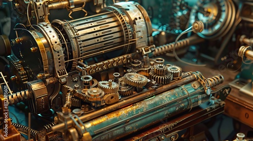 Intricate steampunk machinery in warm metallic tones for themed events and creative design