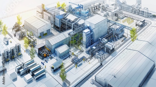 isometric industrial plant blueprint rendering