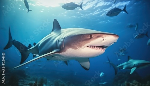 Wallpaper Mural The great White Shark in the ocean, portrait of White shark hunting prey in the underwater Torontodigital.ca