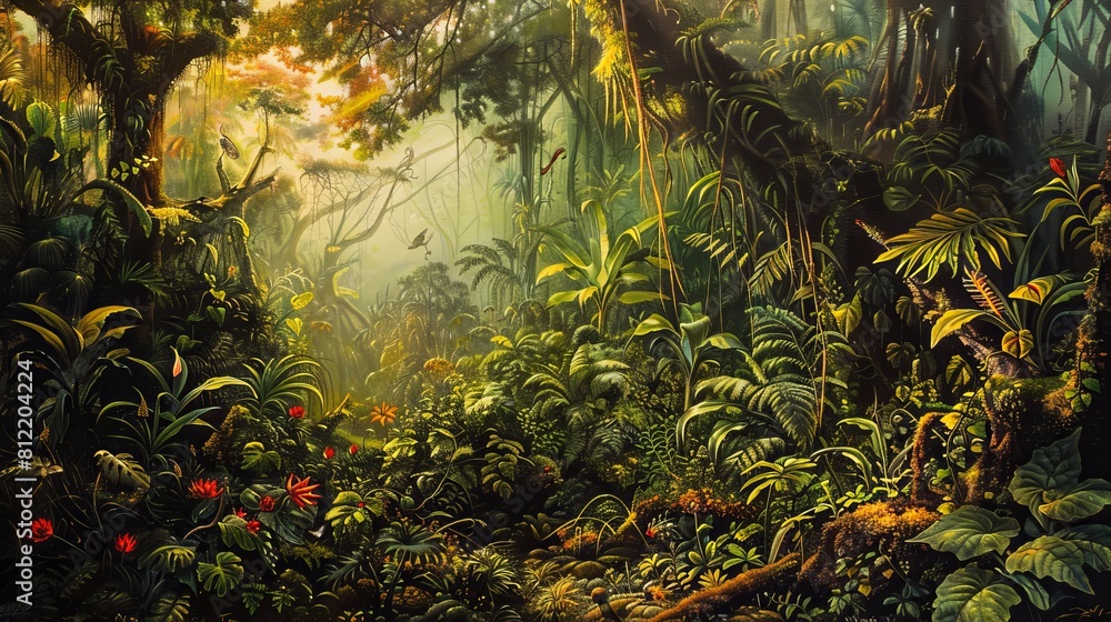 Lush tropical jungle scene conveying biodiversity for environmental themes