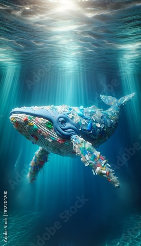 Large whale sculpture  composed of a myriad of plastic debris  gracefully floating in the ocean depths to draw attention to the pressing issue of marine pollution.