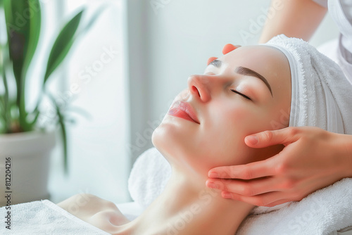 A woman does a facial massage at the spa, it makes the skin supple and radiant. photo