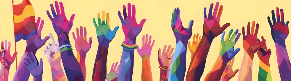 Fototapeta premium Colorful raised hands celebrating diversity and pride
