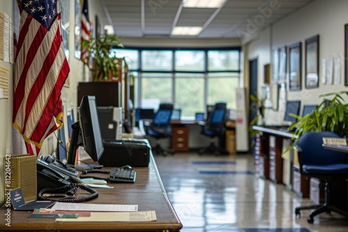 US flag hangs from a flagpole in a large empty office room. Generative AI.