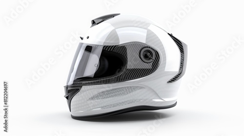 This set collection showcases sleek white motorcycle carbon integral crash helmets, meticulously isolated against a pristine white background. Representing motorsport, car racing, kart racing