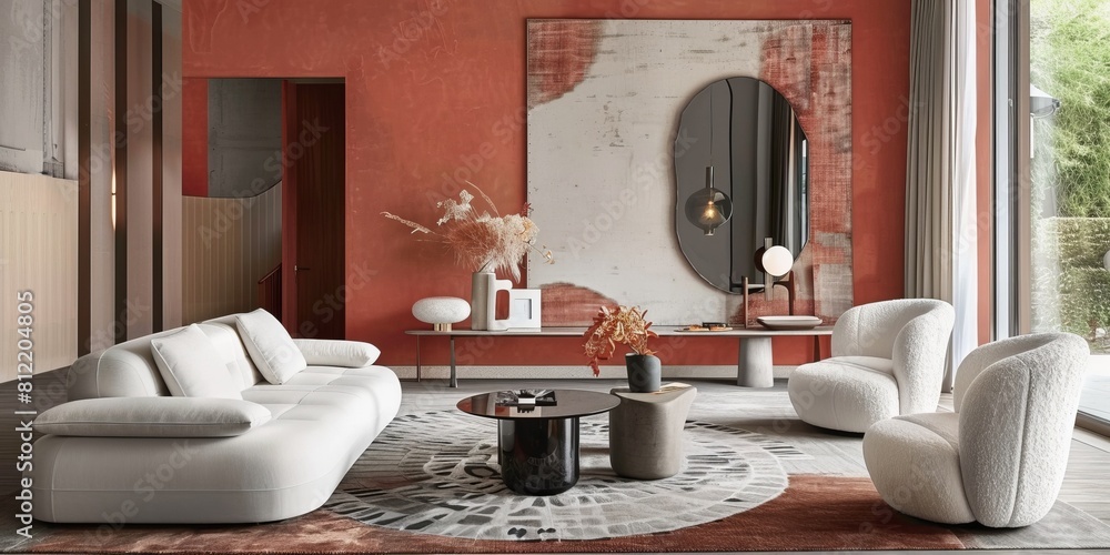 A modern living room filled with various furniture pieces such as sofas, chairs, and tables. A modern living room filled with various furniture pieces such as sofas, chairs, and tables.