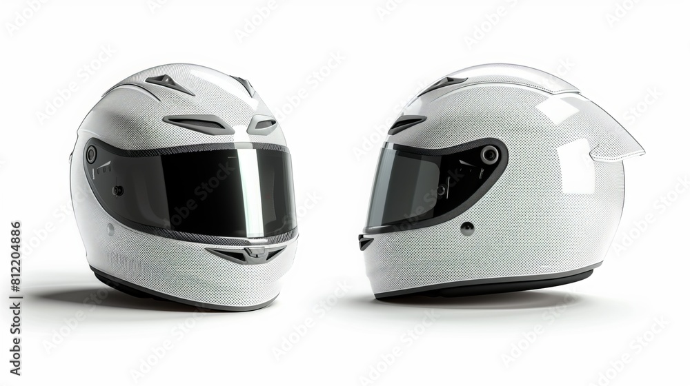 This set collection showcases sleek white motorcycle carbon integral crash helmets, meticulously isolated against a pristine white background. Representing motorsport, car racing, kart racing This set collection showcases sleek white motorcycle carbon integral crash helmets, meticulously isolated against a pristine white background. Representing motorsport, car racing, kart racing