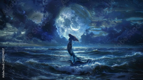 Magical moonlit night with ethereal woman by the ocean for fantasy and mystery themes