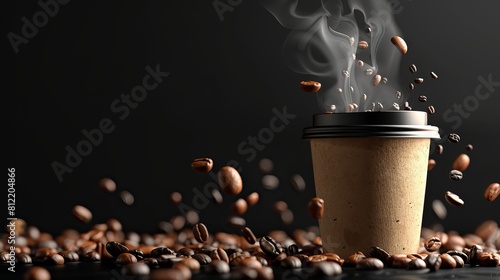 Aromatic morning espresso, served in a convenient takeaway cardboard cup, exudes warmth and energy. As the fragrant steam rises, coffee beans cascade down against a sleek black backdrop